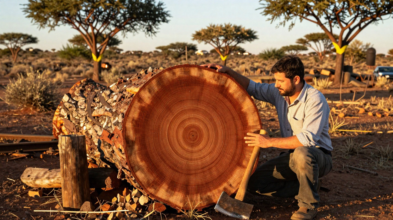 Homme agenouillé inspectant une grosse souche d'arbre avec une hache, paysage sec avec arbres au coucher du soleil.