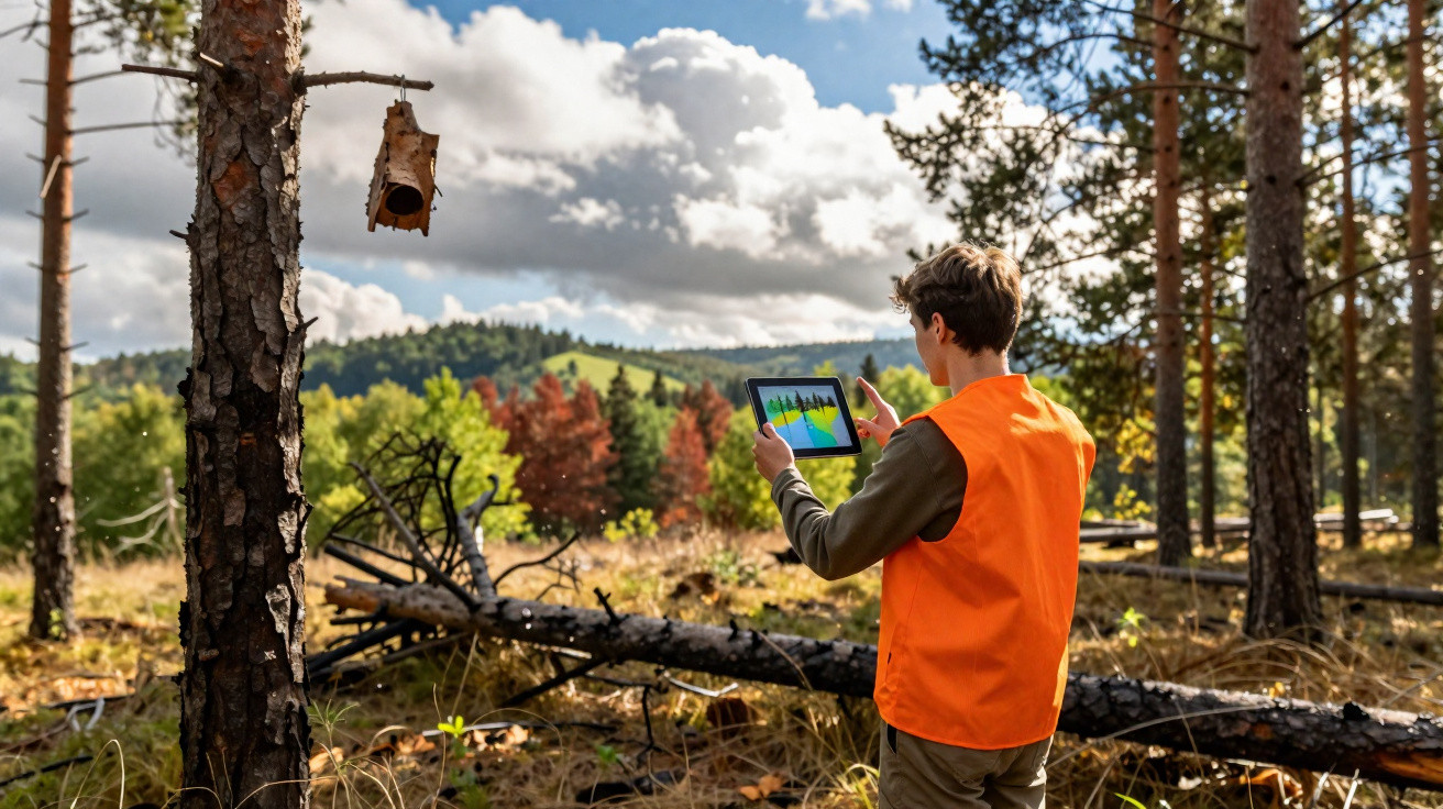 Jeune garçon en gilet orange utilisant une tablette dans une forêt avec nichoir accroché à un arbre.
