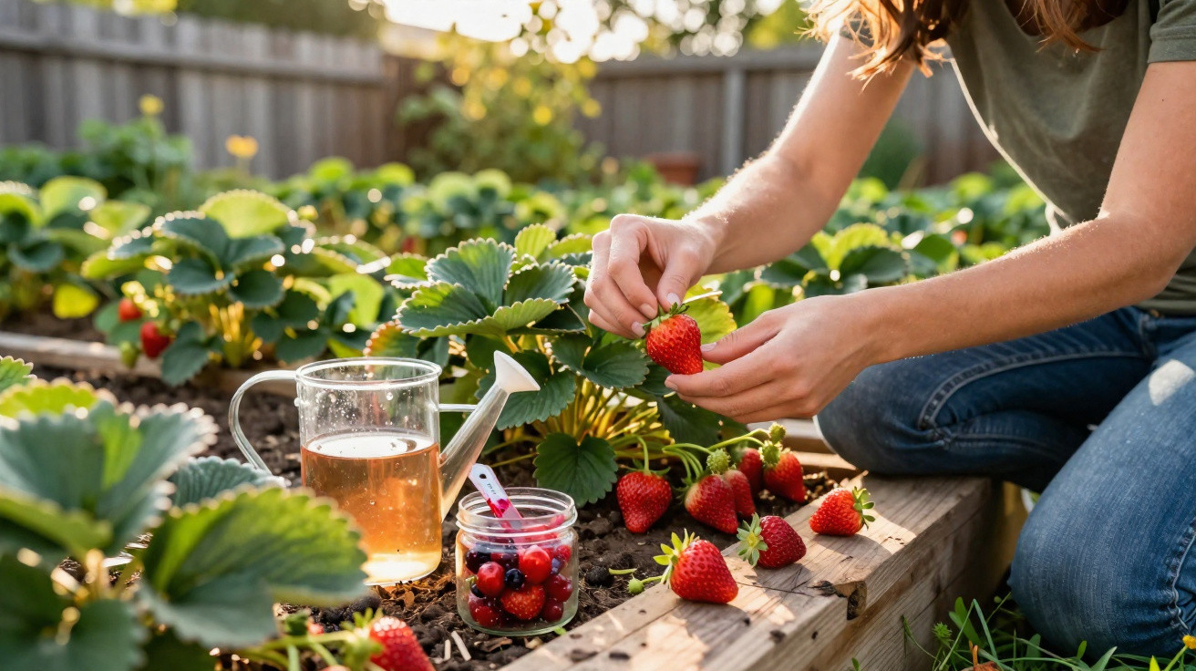 Personne cueillant des fraises dans un jardin avec un arrosoir et un pot de baies rouges à côté.
