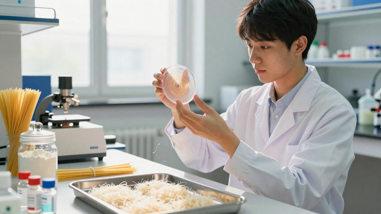 Chercheur en blouse blanche examinant une boîte de Pétri dans un laboratoire avec des échantillons de pâtes.