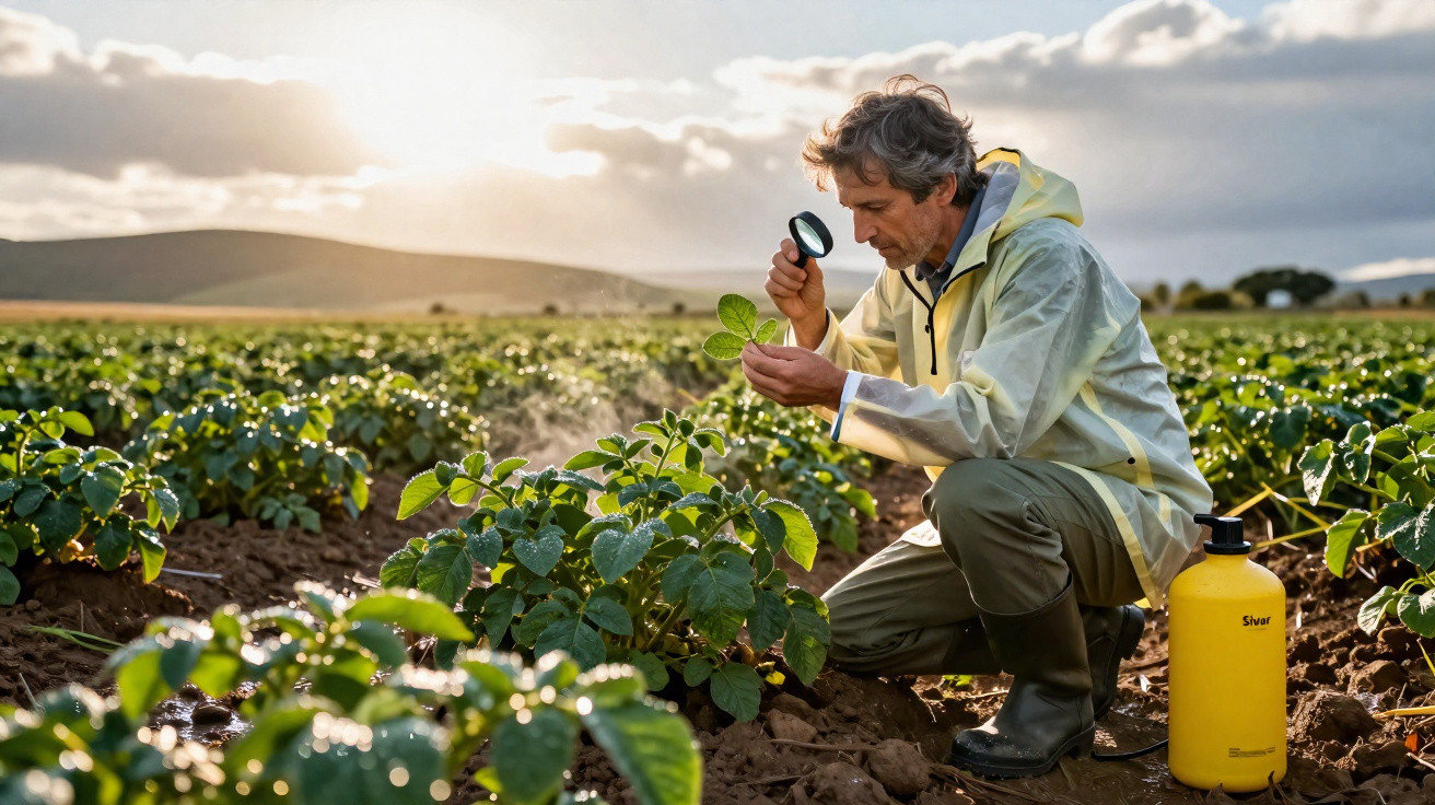 Homme en tenue de pluie inspectant une plante avec une loupe dans un champ agricole au lever du soleil.