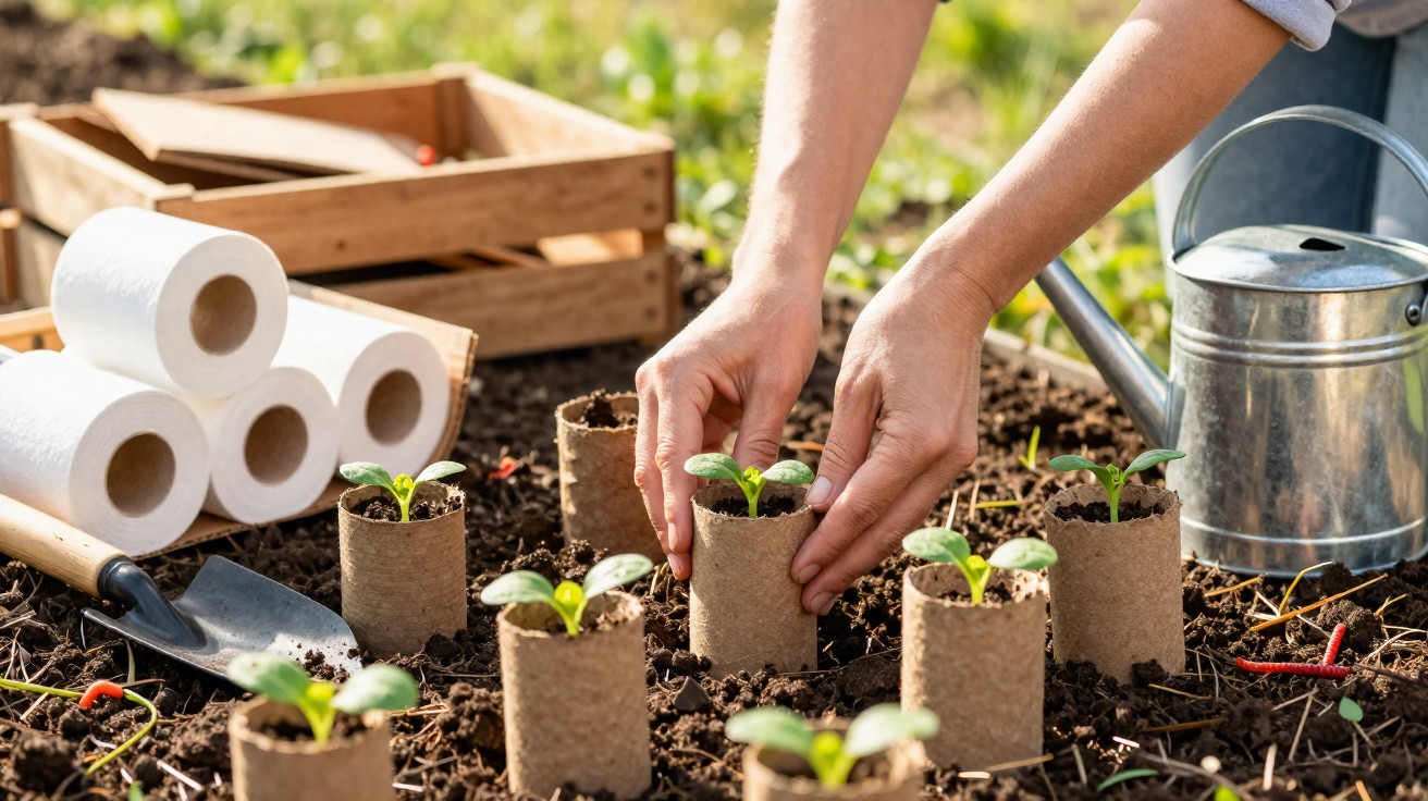 Mains plantant des jeunes pousses dans des pots biodégradables dans un jardin, avec arrosoir et outils.