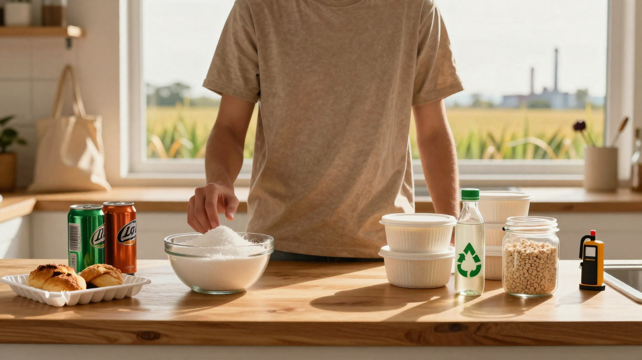 Personne préparant des ingrédients sur un plan de travail en bois avec cuisine lumineuse en arrière-plan.