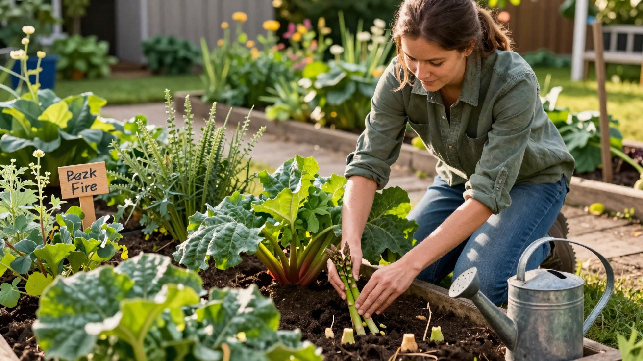 Femme jardinant des asperges dans un potager ensoleillé avec arrosoir métallique à côté.