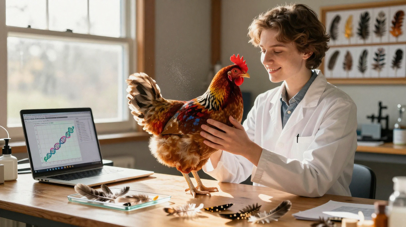 Chercheur en blouse blanche examinant un coq sur une table avec un ordinateur et des plumes en laboratoire.