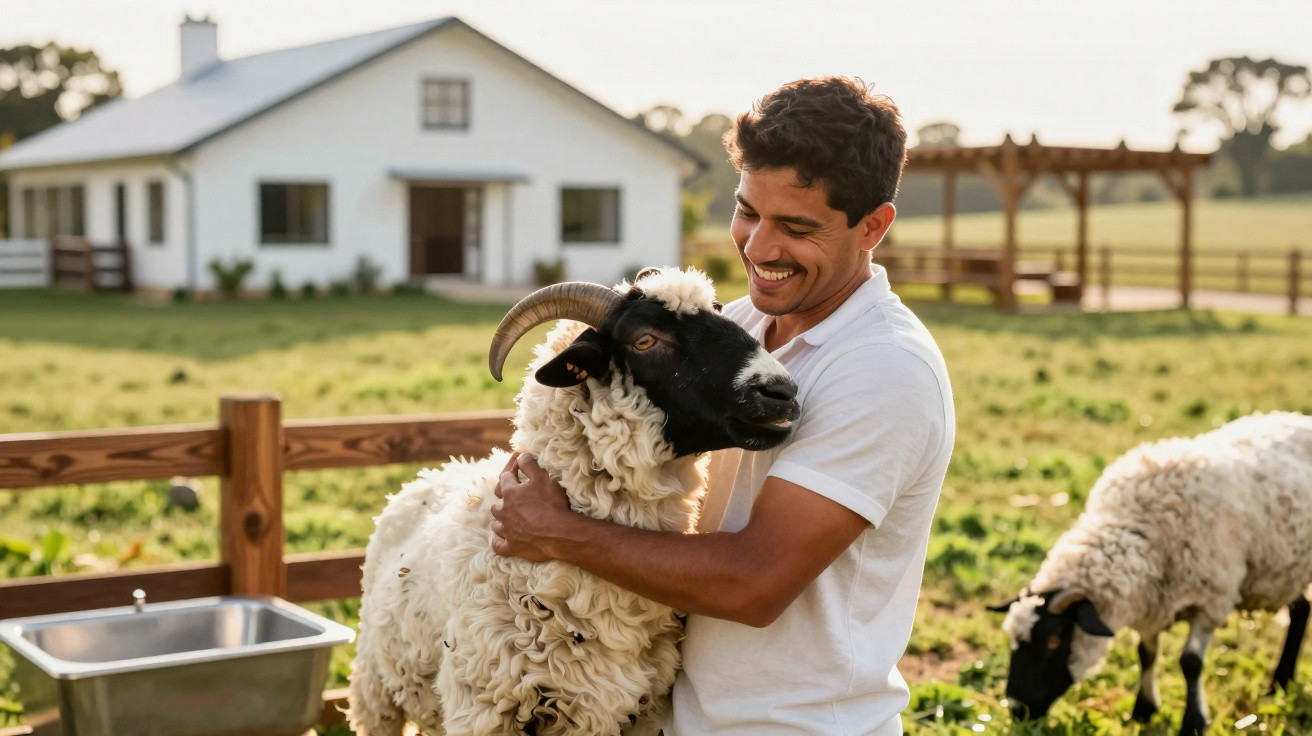 Un homme souriant caresse un mouton noir et blanc dans un pré devant une maison blanche.