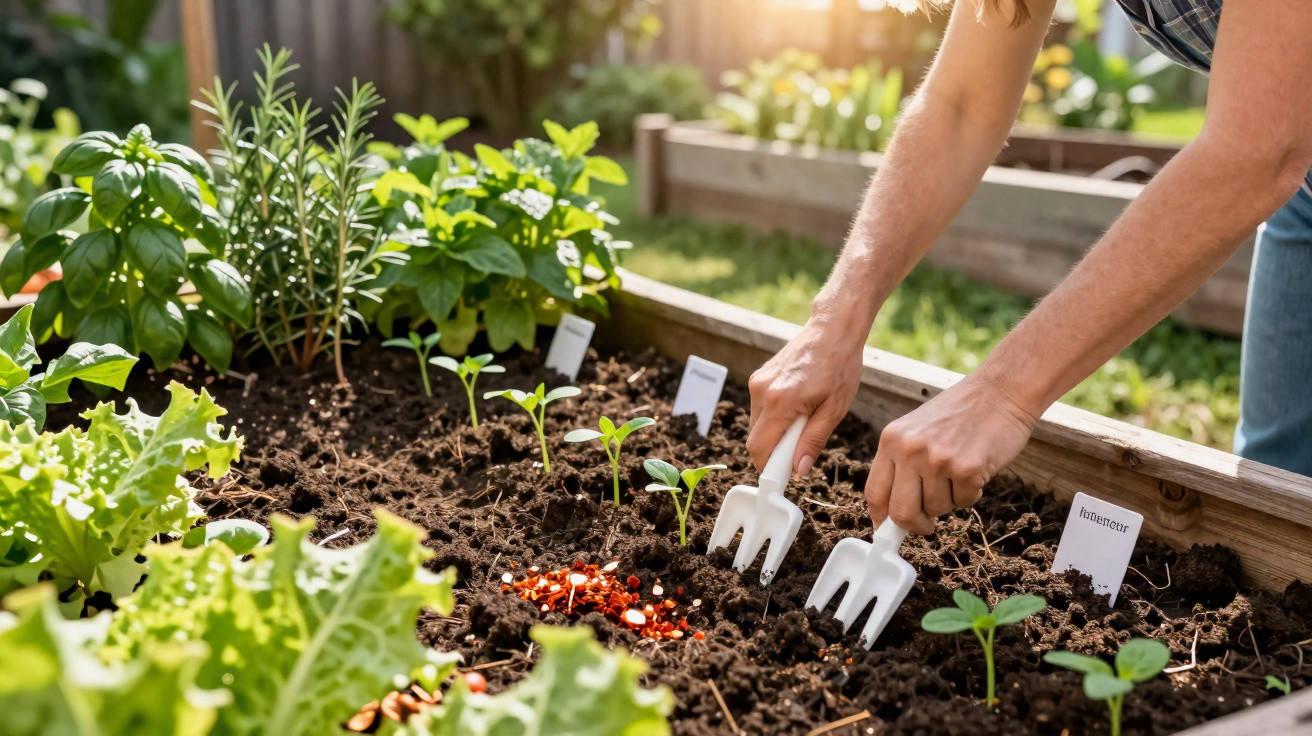 Une personne utilise deux petits outils pour jardiner des jeunes plants dans un potager ensoleillé.