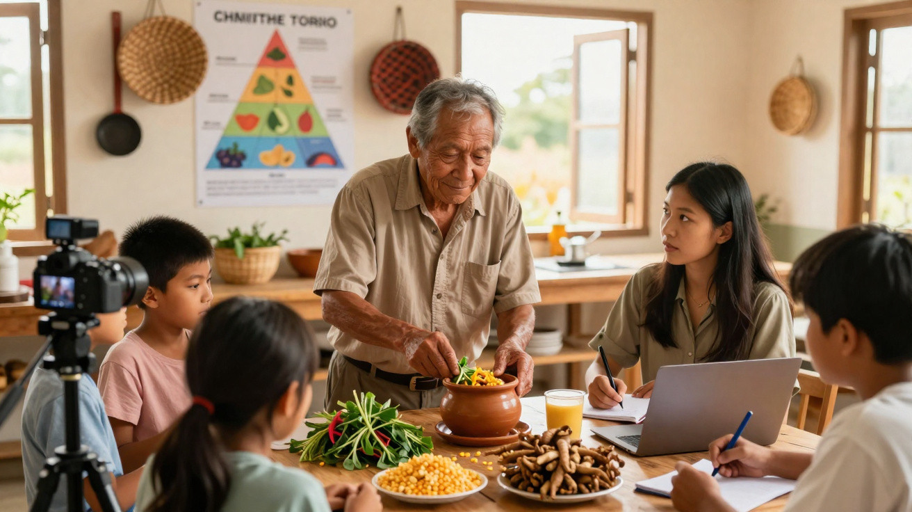 Un homme âgé prépare un plat traditionnel devant trois enfants prenant des notes lors d’un atelier culinaire.