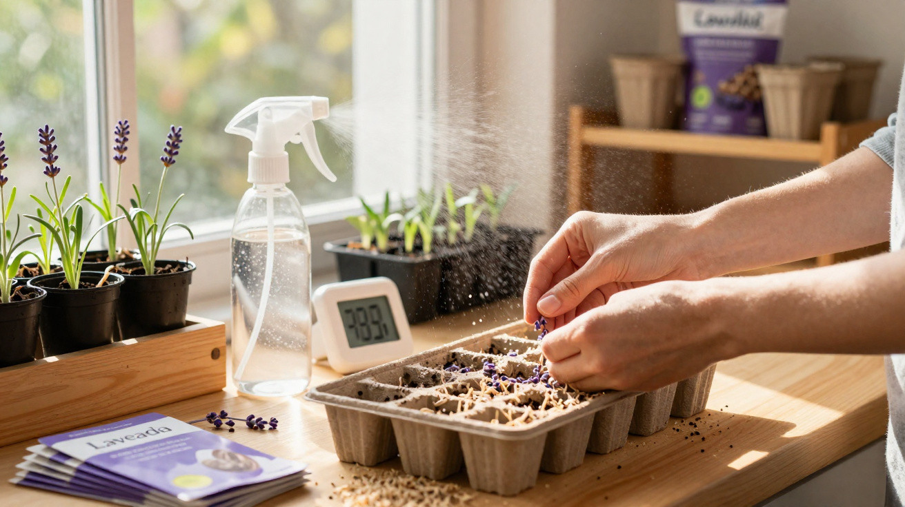 Personne plantant des graines de lavande dans une mini-serre proche d'une fenêtre lumineuse.