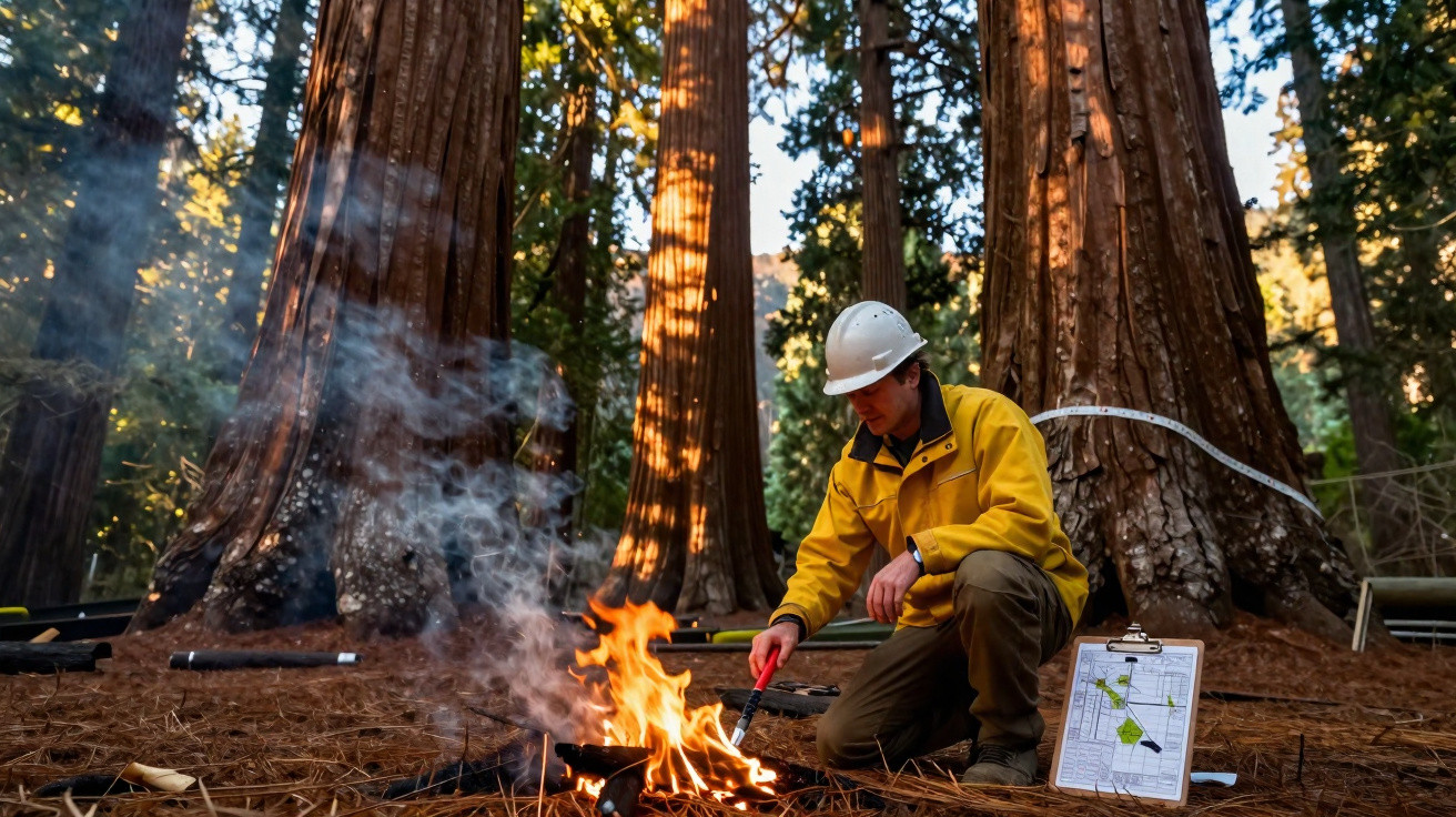 Un homme en casque et veste jaune allume un feu de camp dans une forêt de séquoias géants.