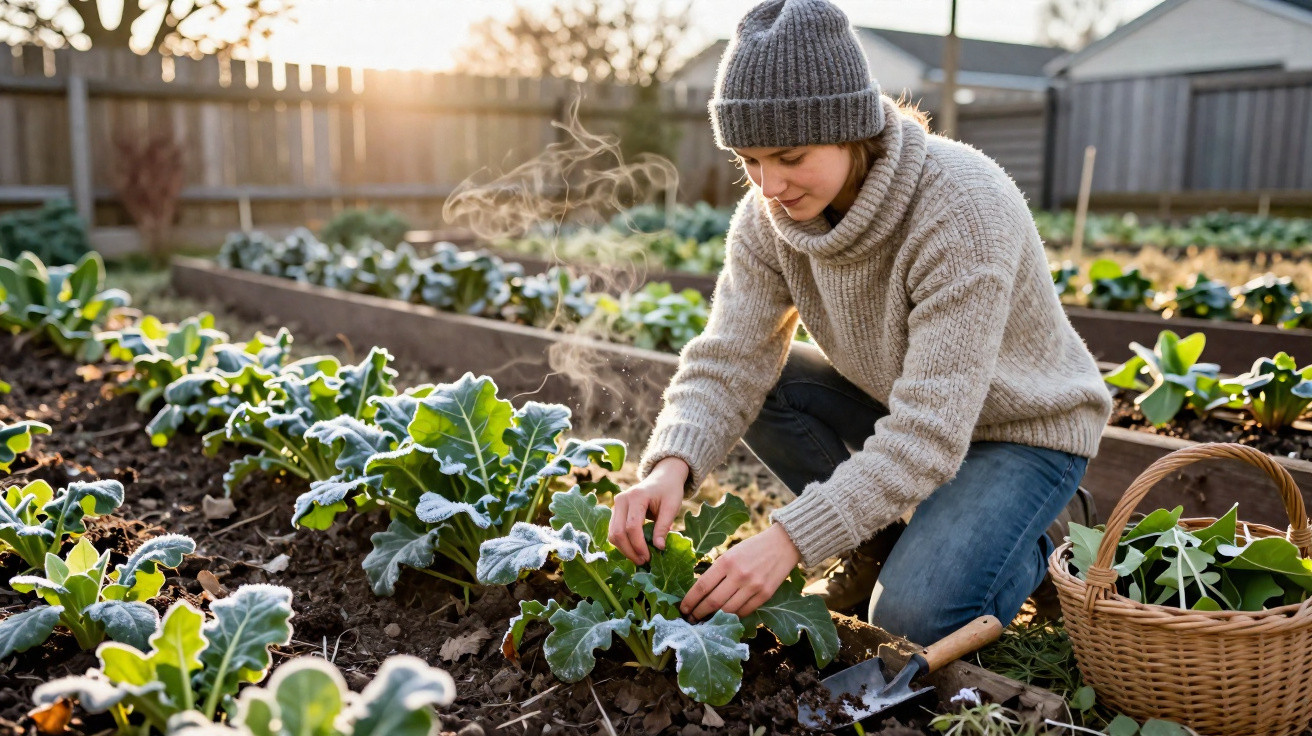 Personne en pull et bonnet récoltant des légumes dans un potager au soleil couchant.