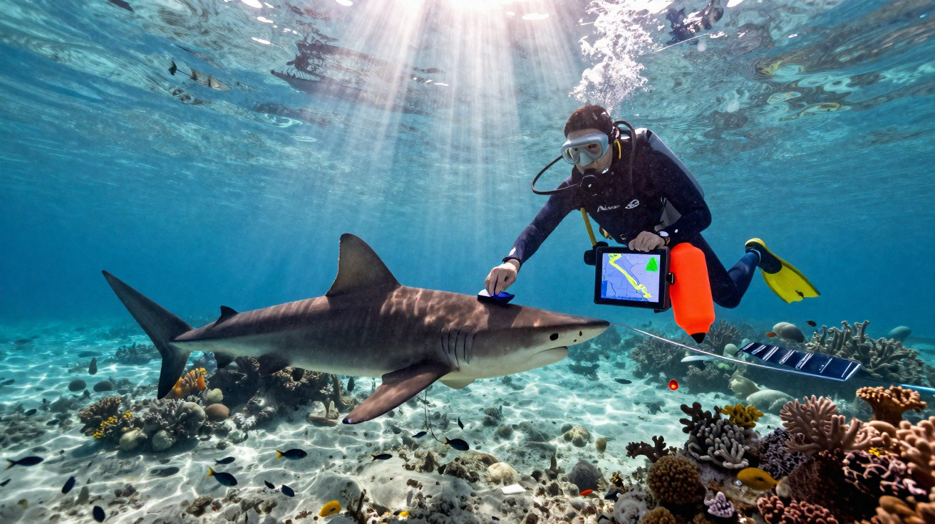 Plongeur en combinaison avec tablette proche d'un requin près d'un récif corallien en eau claire.