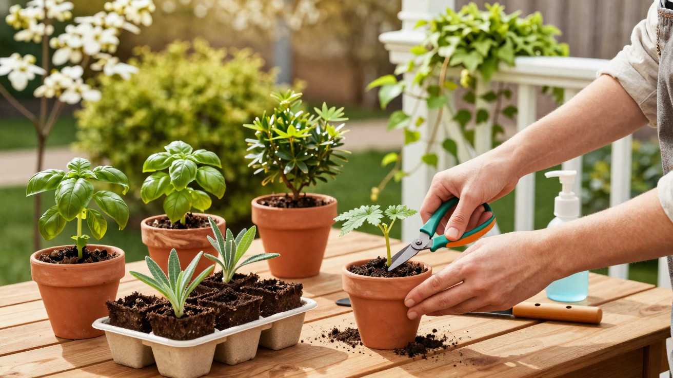 Mains taillant une jeune plante en pot sur une table en bois avec plusieurs plantes en pot autour en extérieur.