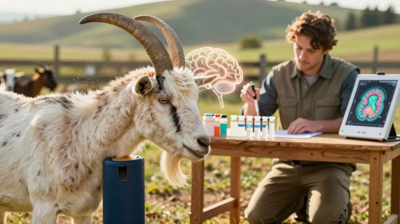 Chèvre avec illustration de cerveau et scientifique analysant des échantillons en plein air à la campagne.