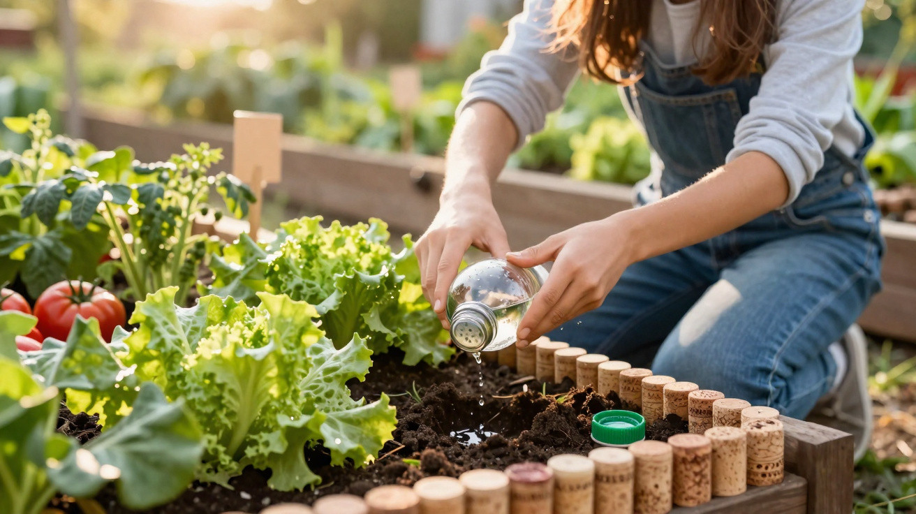 Personne arrosant des jeunes plants de salade dans un potager en carré avec un arrosoir en verre.