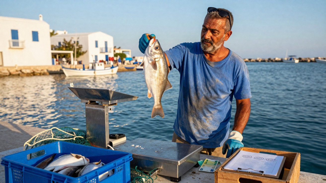 Homme tenant un poisson frais près de la mer, avec caisse de poissons et balance sur un quai ensoleillé.