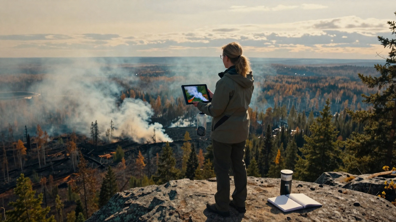 Personne debout sur une roche observe un incendie de forêt avec une tablette en main au coucher du soleil.