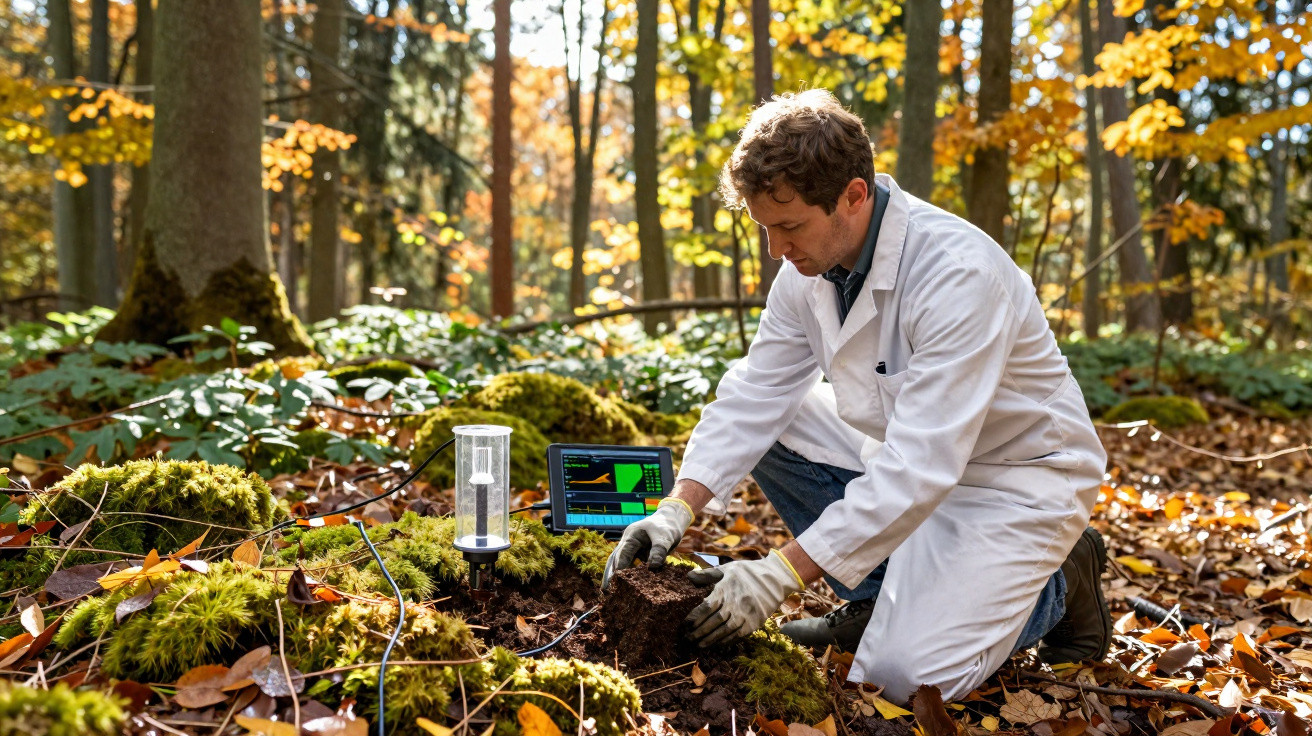 Chercheur en blouse blanche analysant un échantillon de sol dans une forêt en automne avec des appareils de mesure.