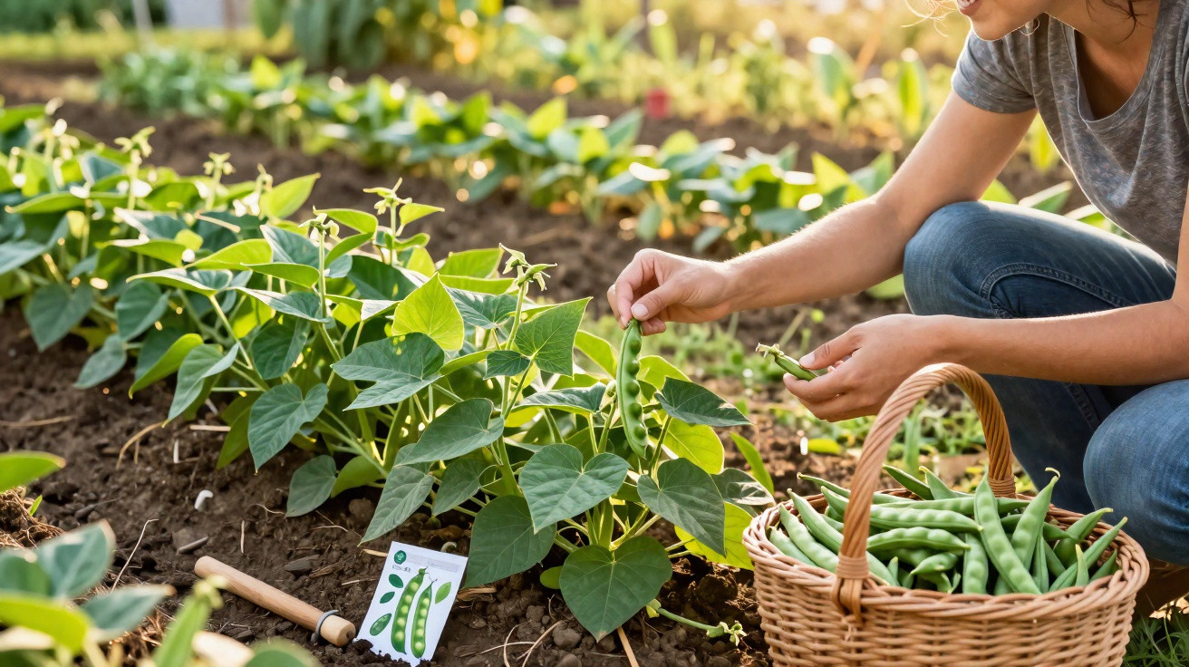 Personne récoltant des haricots verts dans un potager avec un panier en osier rempli de légumes.