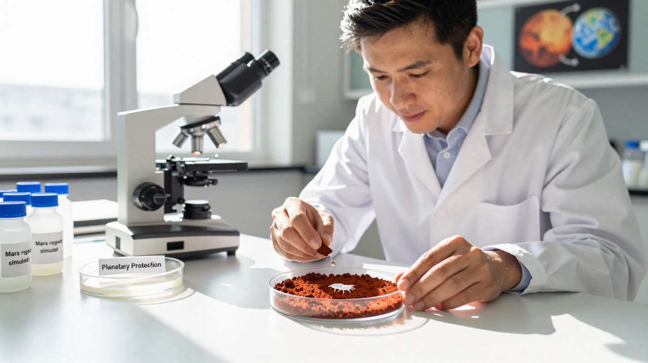 Chercheur en blouse blanche examinant un échantillon rouge dans une boîte de Pétri en laboratoire.