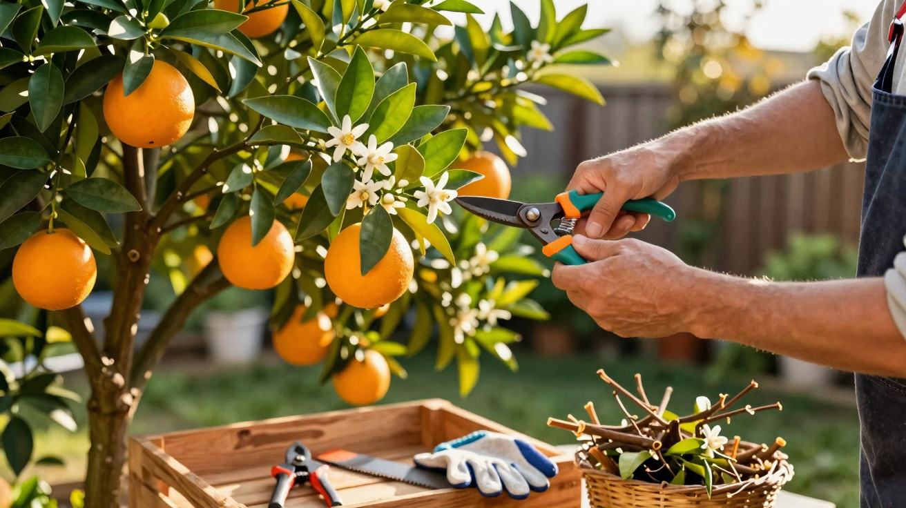 Personne taillant un oranger en fleurs avec un sécateur dans un jardin ensoleillé.