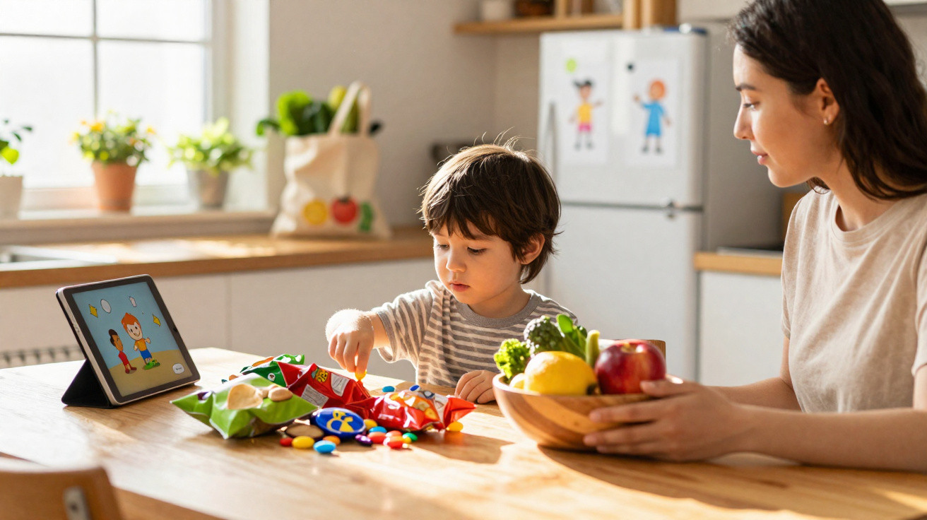 Un garçon joue avec des bonbons sur une table pendant qu'une femme tient un bol de fruits à proximité.