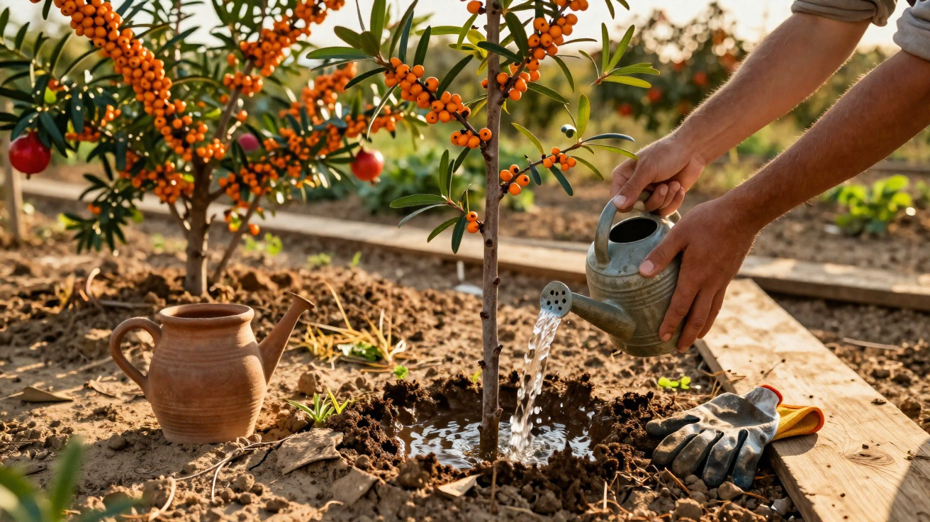 Une personne arrose un jeune arbre fruitier avec un arrosoir dans un jardin ensoleillé.