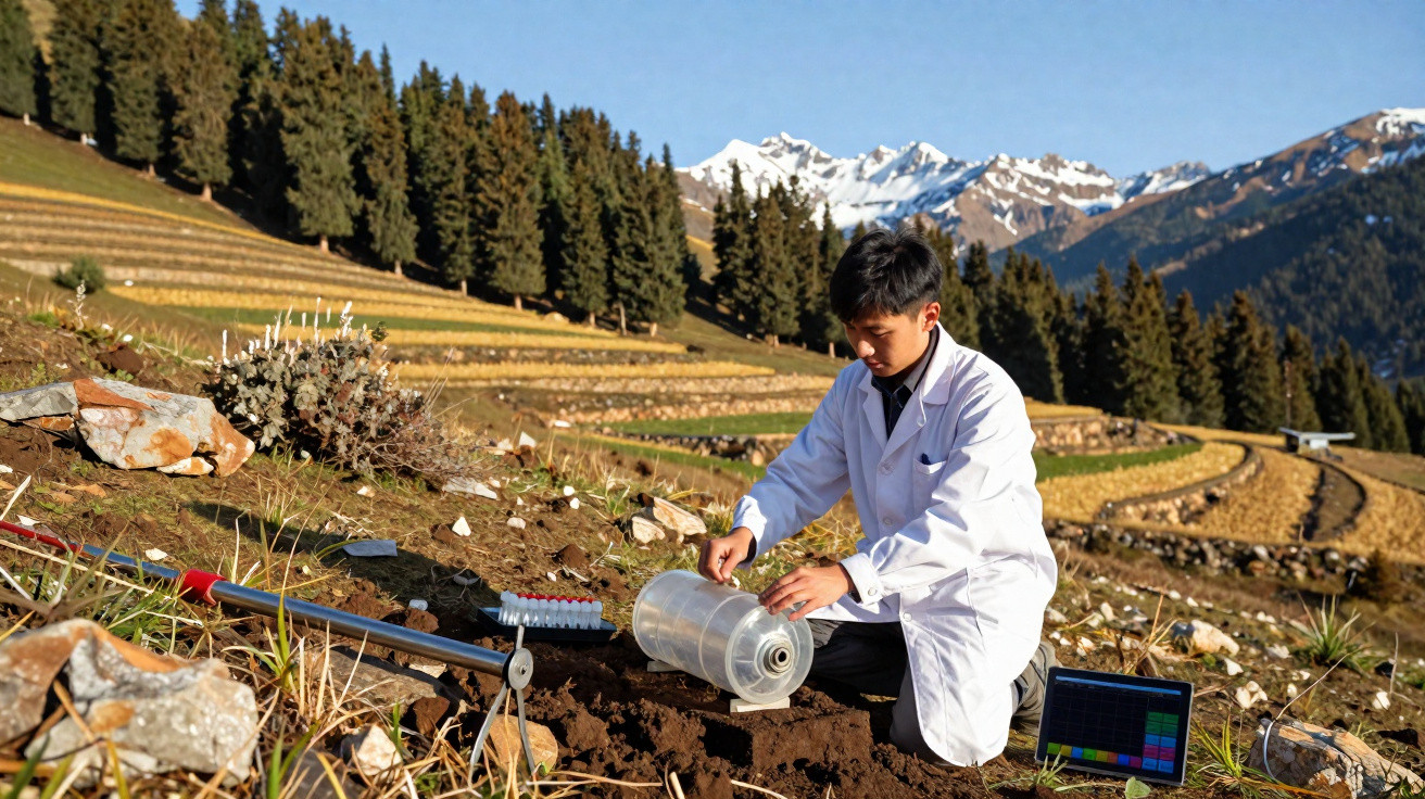 Jeune scientifique en blouse blanche travaillant sur une expérience en plein air en montagne avec ordinateur portable.