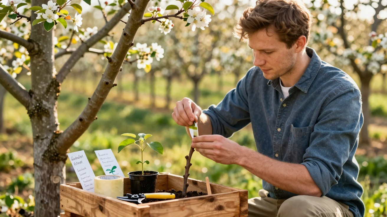 Un homme inspecte une bouture de plante dans un verger au printemps, avec des fleurs blanches autour.