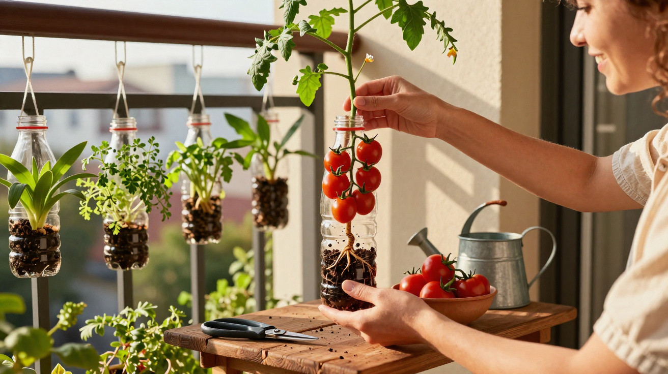 Personne cultivant des tomates cerises dans des bouteilles en plastique suspendues sur un balcon.