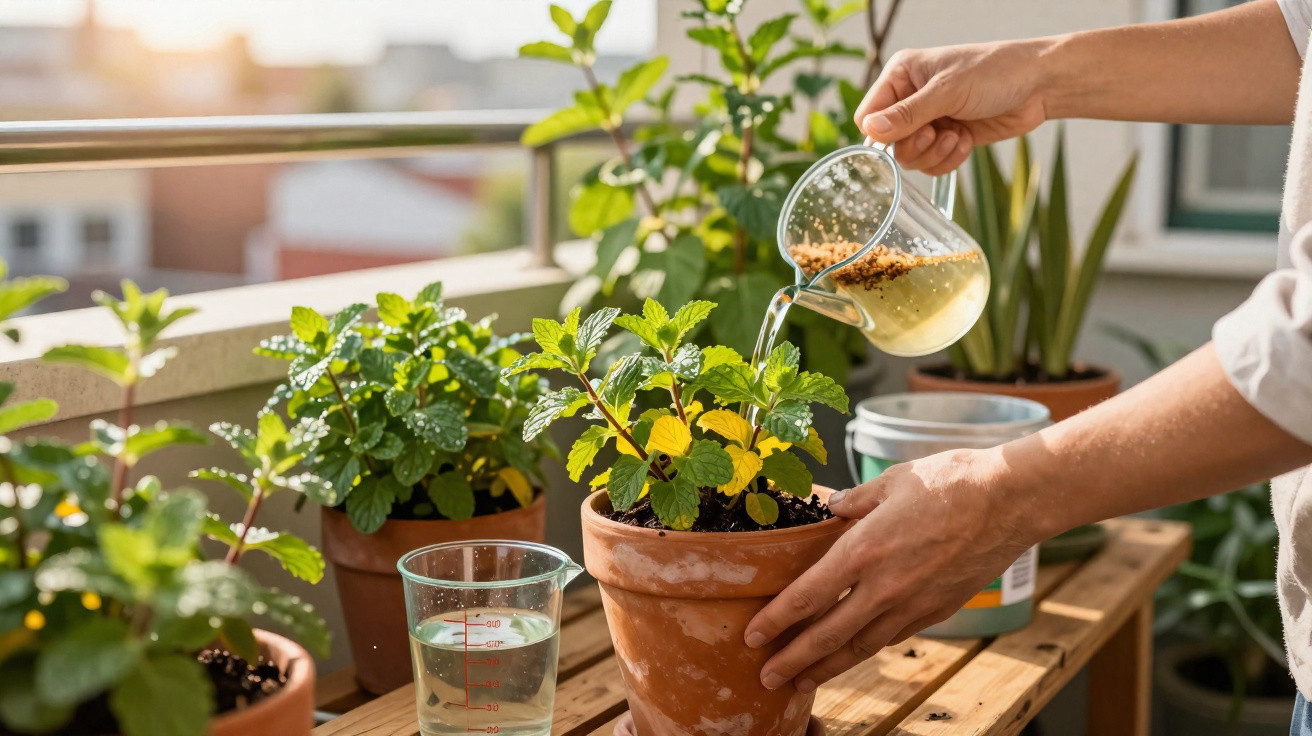 Personne arrosant une plante en pot sur un balcon ensoleillé avec un arrosoir transparent.