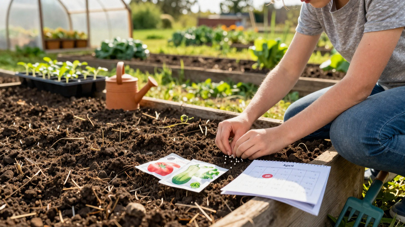 Une personne plante des graines dans un potager avec un calendrier et des sachets de graines à côté.
