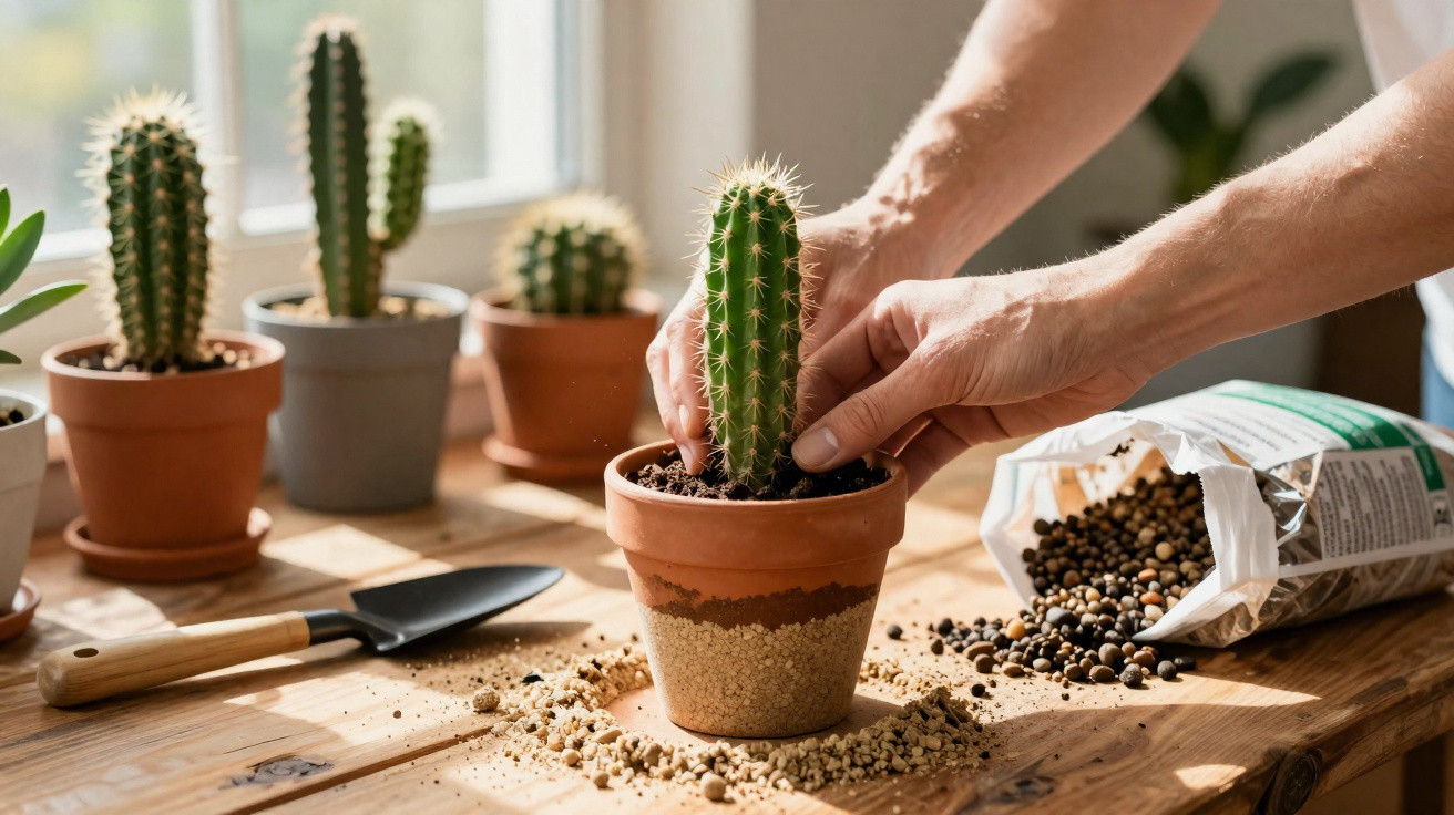 Une personne rempotant un cactus dans un pot en terre sur une table en bois, avec d'autres cactus et du terreau.