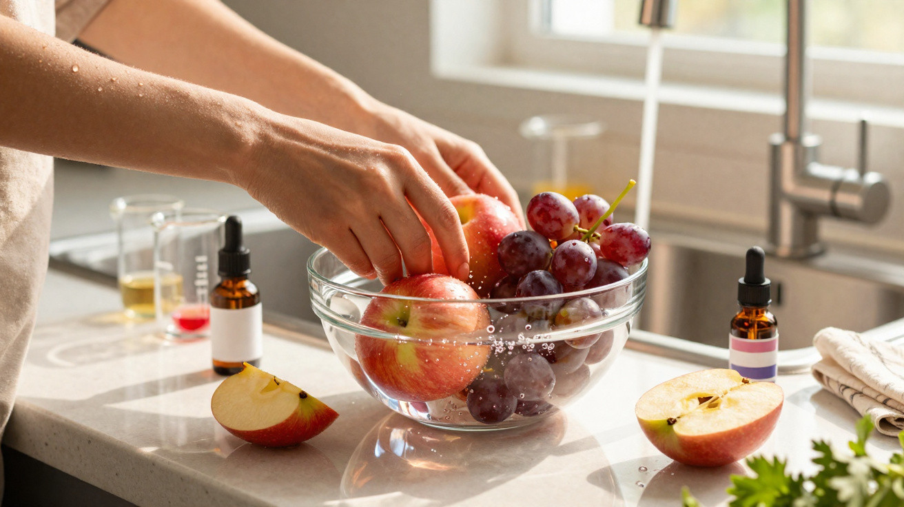 Mains lavant des pommes et des raisins rouges dans un saladier en verre sous un robinet de cuisine.