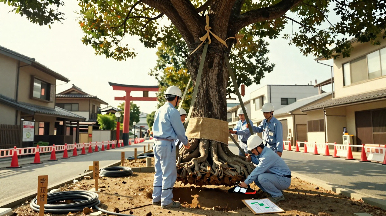 Ouvriers en tenue de sécurité transplantant un grand arbre avec racines exposées dans une rue urbaine japonaise.