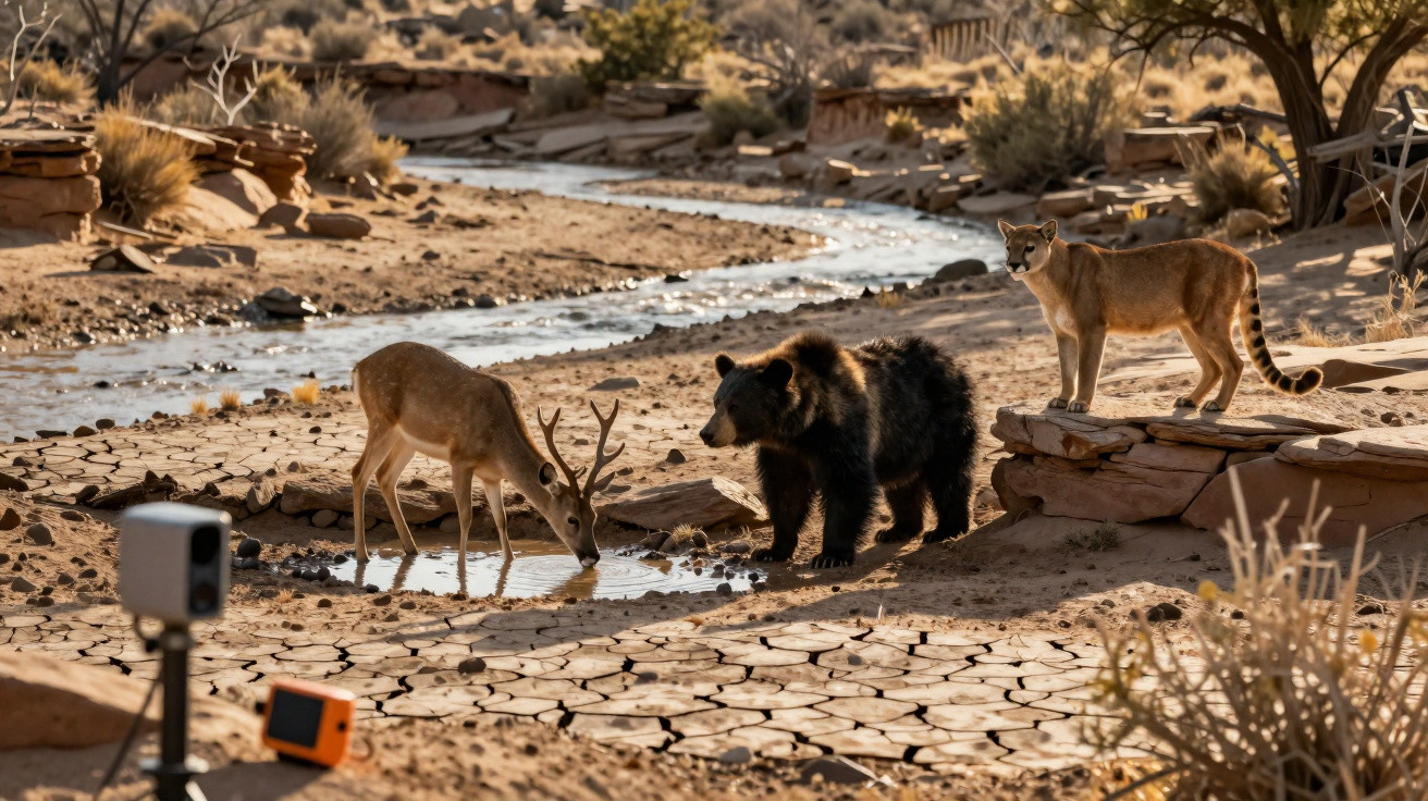 Un cerf, un ours et un puma se trouvent près d’un petit cours d’eau en milieu désertique.