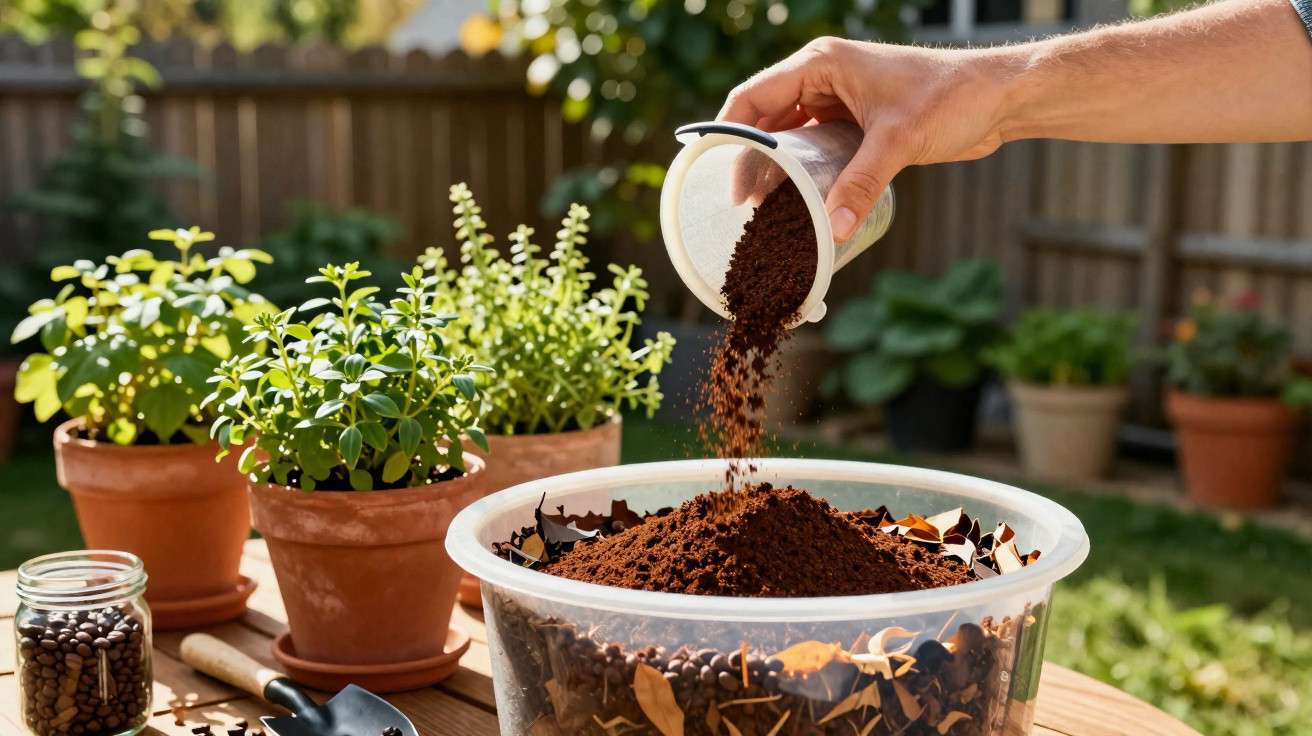 Une main verse du terreau dans un pot transparent sur une table avec des pots de plantes en arrière-plan.