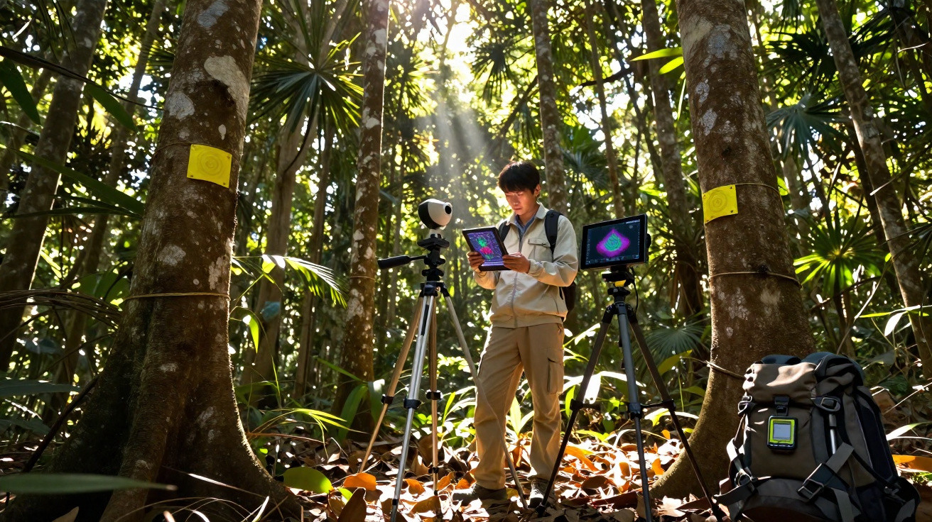 Chercheur utilisant un écran et un appareil sur trépied en pleine forêt tropicale dense.