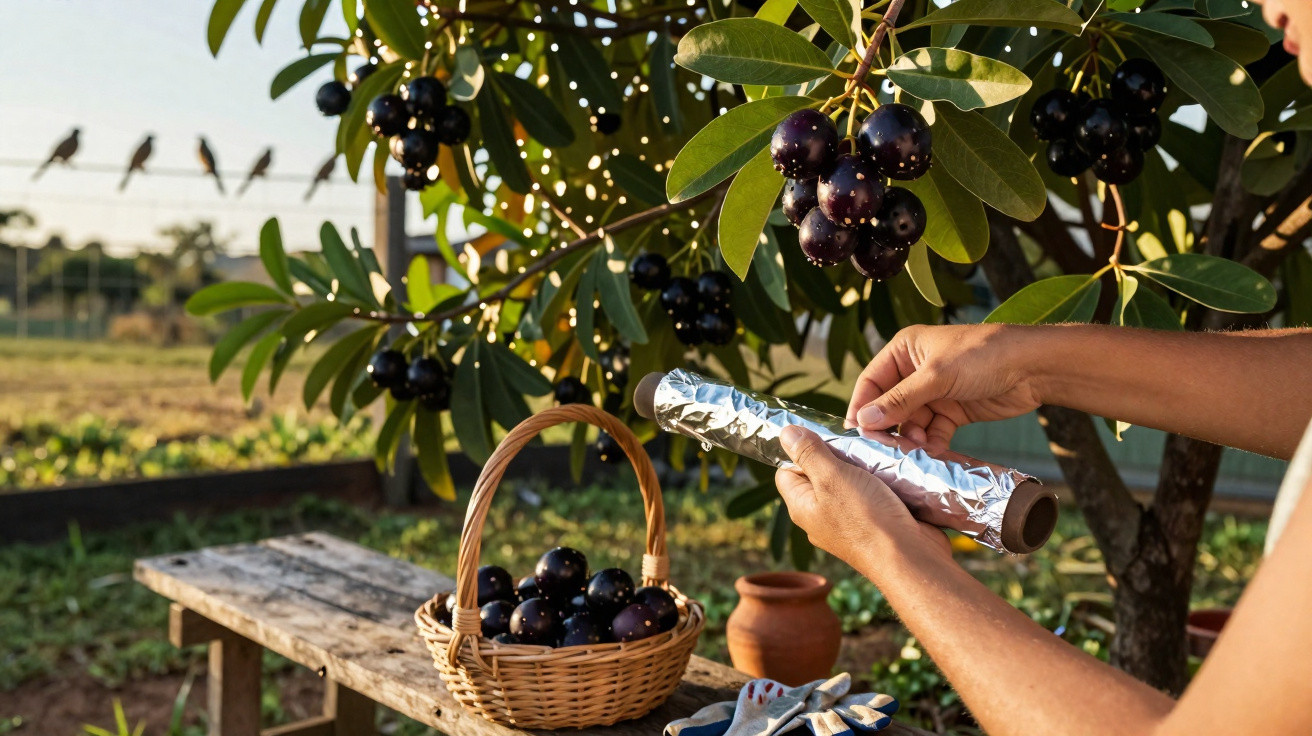 Un panier de fruits noirs récoltés sous un arbre, mains tenant un rouleau de film étirable.