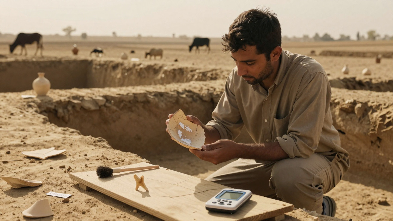 Un archéologue examine un fragment de poterie lors d'une fouille en plein désert avec des outils à côté.
