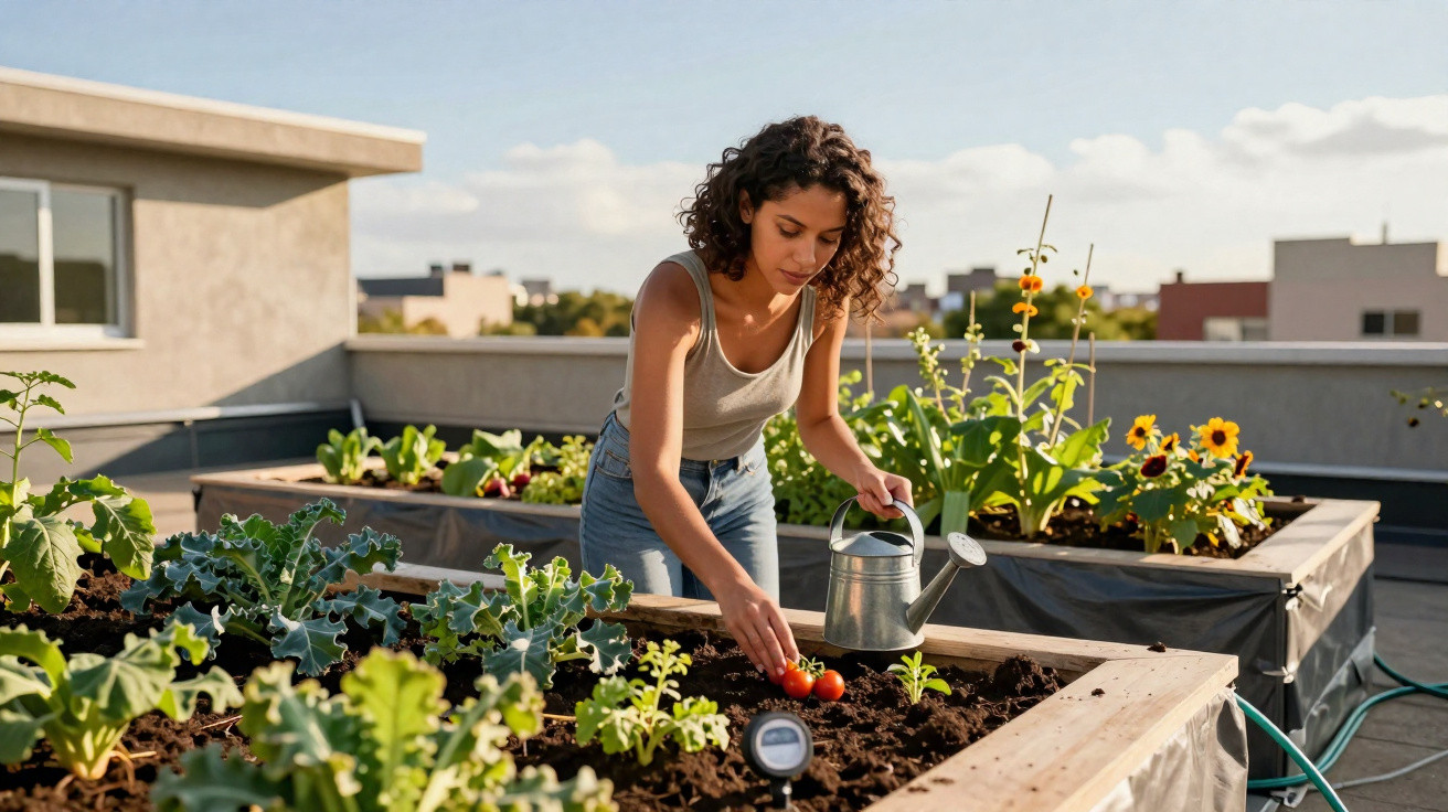 Femme arrosant et récoltant des tomates dans un jardin potager sur un toit ensoleillé.