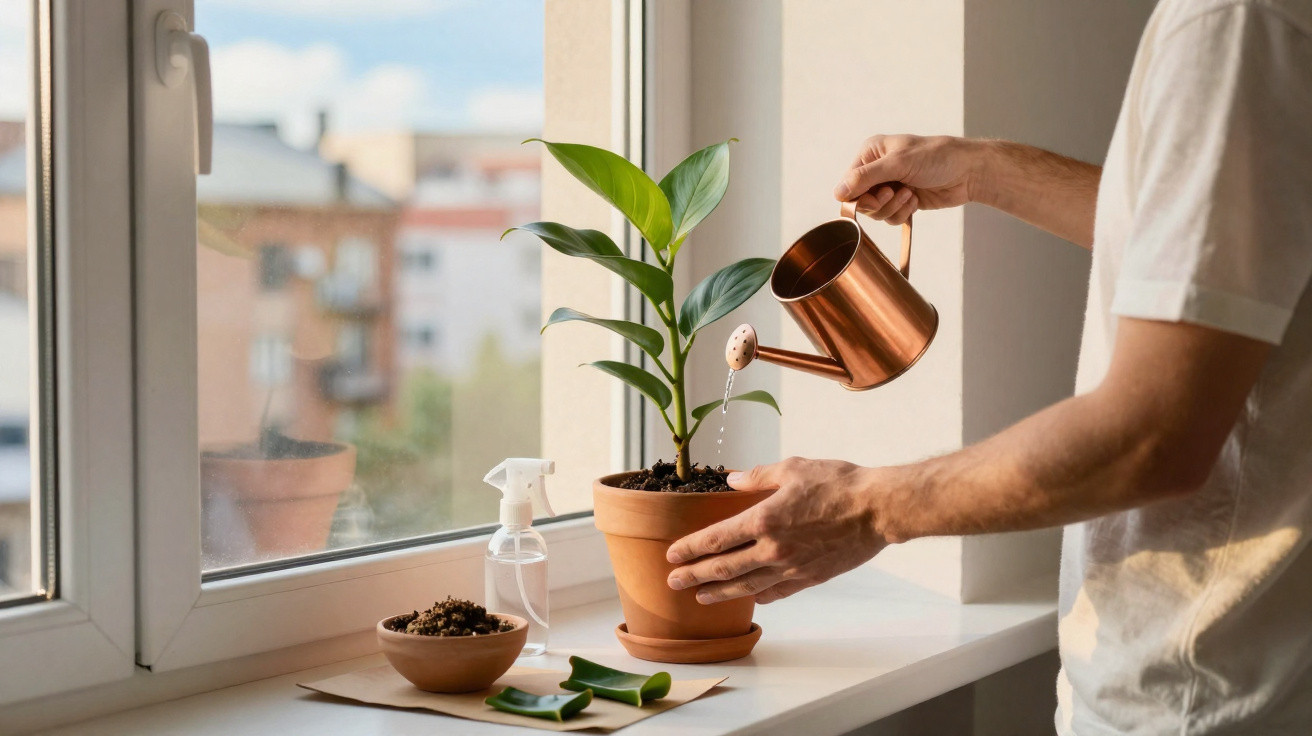 Personne arrosant une plante en pot près d'une fenêtre lumineuse avec un arrosoir en cuivre.