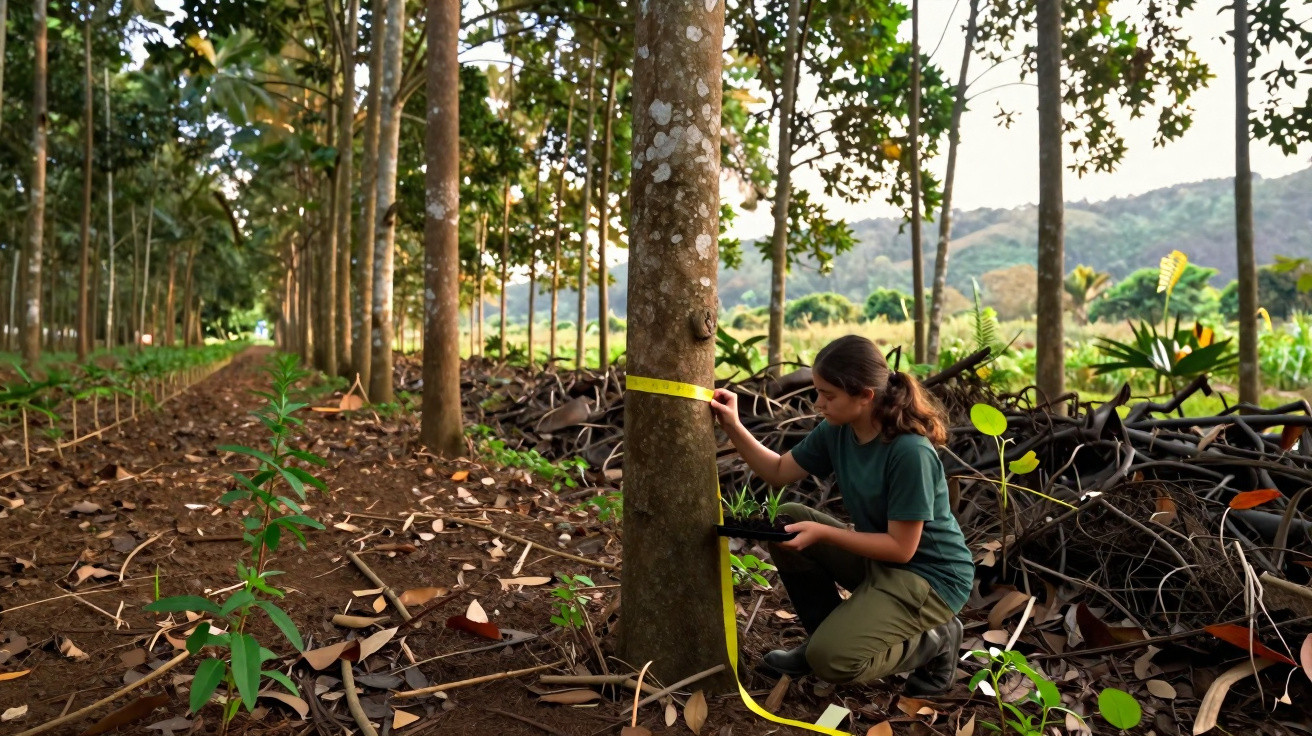 Femme mesurant le tronc d’un arbre dans une forêt tropicale pour une étude environnementale.