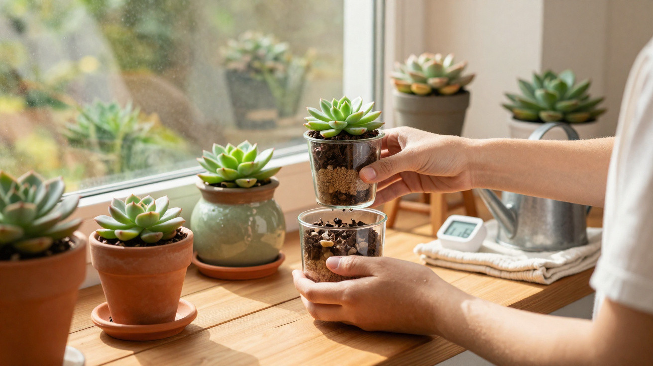 Personne déplaçant une petite plante succulente en pot sur un rebord de fenêtre en bois.