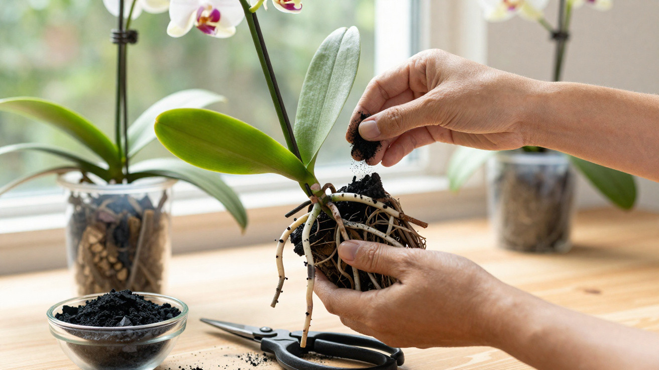 Personne rempotant une orchidée en ajoutant de la terre aux racines sur une table près d'une fenêtre.