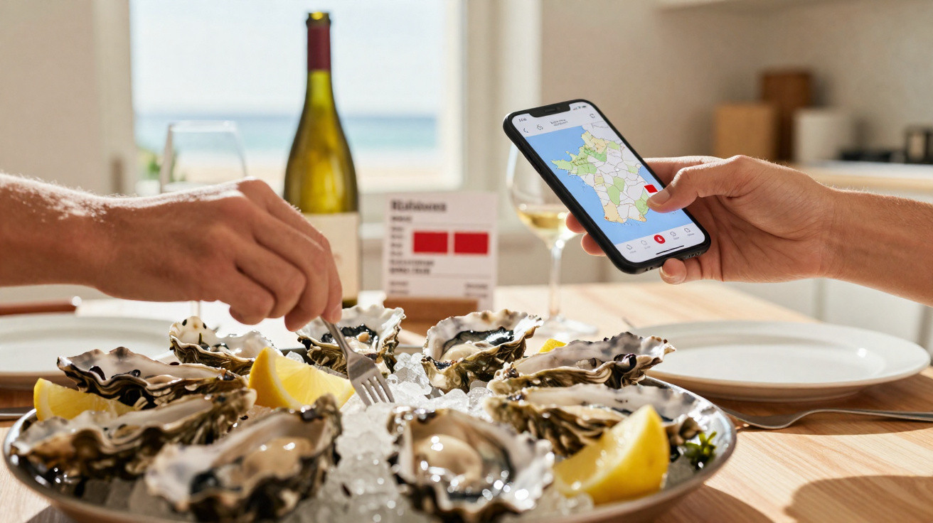 Deux mains, une cueille une huître dans un plateau glacé, l'autre tient un smartphone avec une carte.