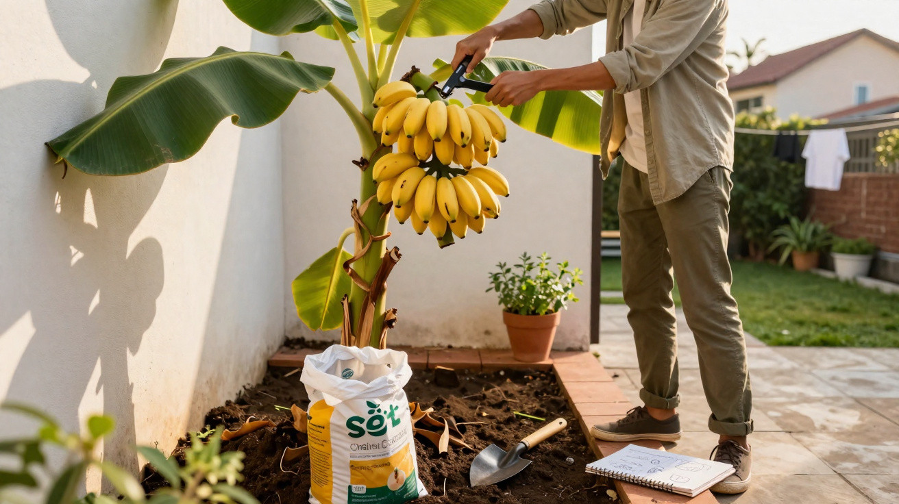 Personne récoltant un régime de bananes mûres dans un jardin avec outils de jardinage autour.