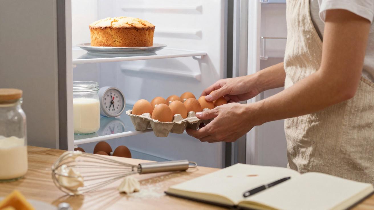 Personne plaçant un plateau d'œufs dans un réfrigérateur, gâteau sur une étagère et ustensiles de cuisine visibles.