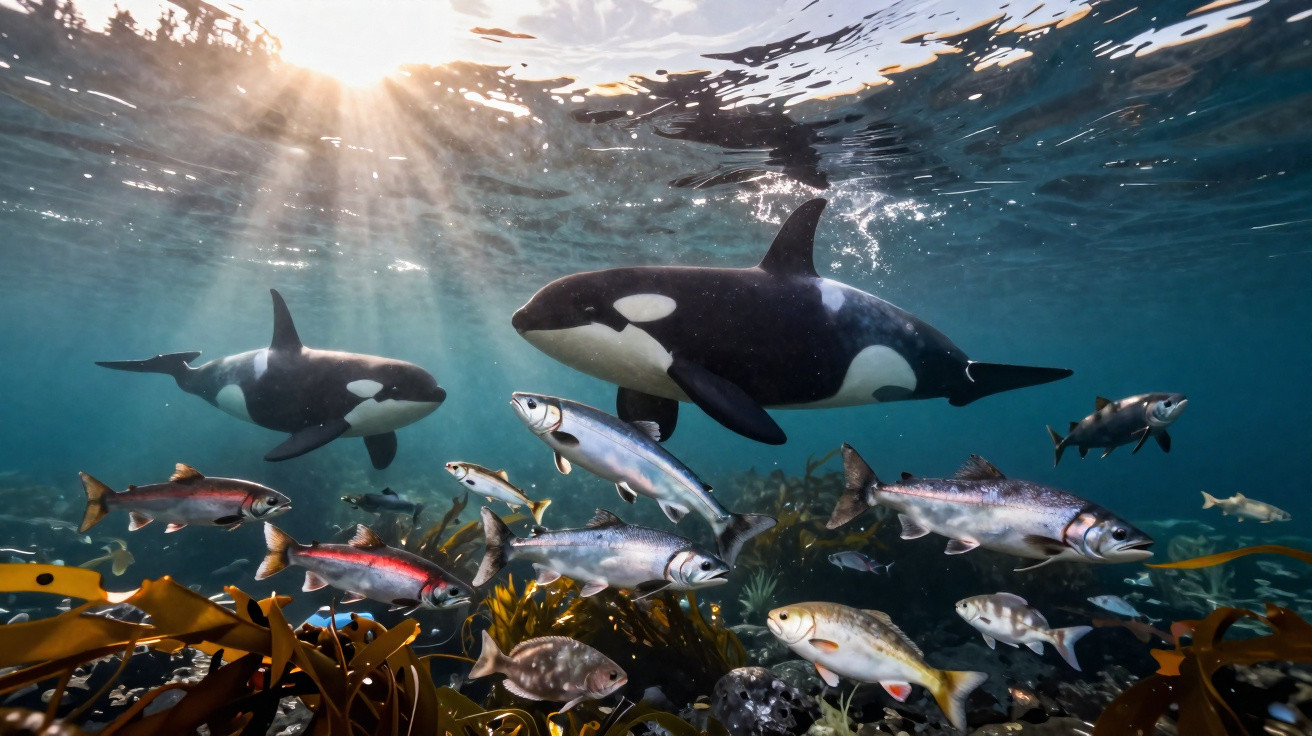 Deux orques nagent sous l'eau parmi des poissons et des algues avec des rayons de lumière solaire.