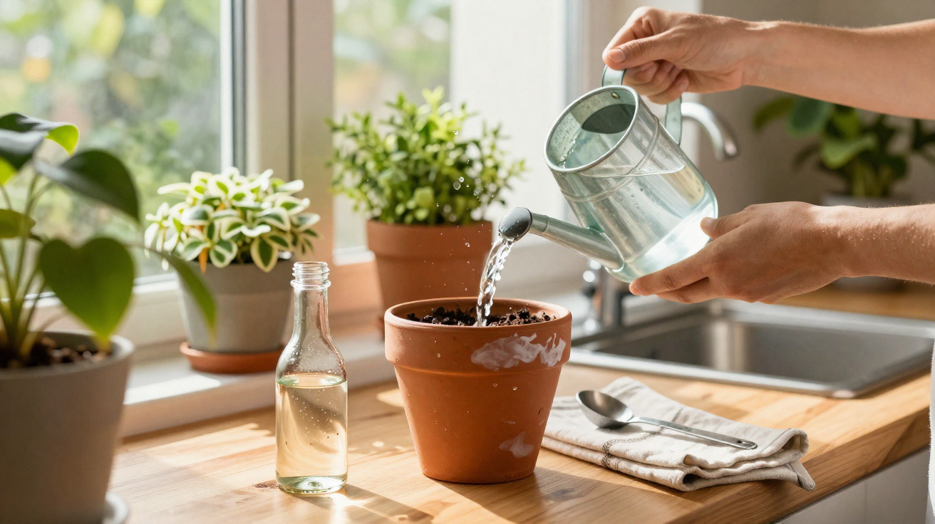 Une personne arrose un pot en terre cuite vide avec un arrosoir dans une cuisine lumineuse.